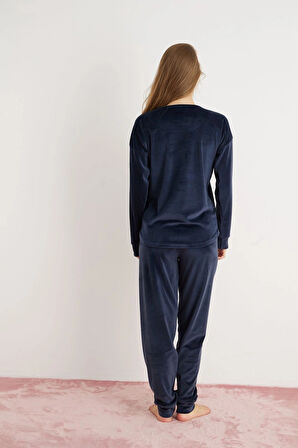 Pijamoni Kadın Yumuşak Kadife Lacivert Pijama Takımı