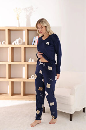 Pijamoni Kadın Fransız Kumaş V Yaka Ayıcık Baskılı Lacivert Pijama Takımı