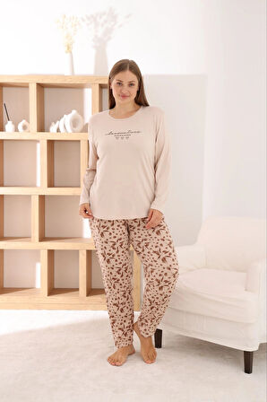 Pijamoni Kadın Büyük Beden Milan Kumaş Bisiklet Yaka Bej Pijama Takımı