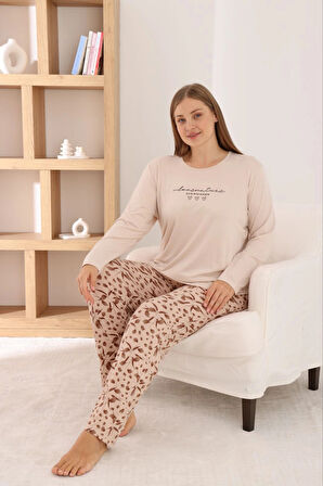 Pijamoni Kadın Büyük Beden Milan Kumaş Bisiklet Yaka Bej Pijama Takımı