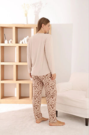 Pijamoni Kadın Büyük Beden Milan Kumaş Bisiklet Yaka Bej Pijama Takımı