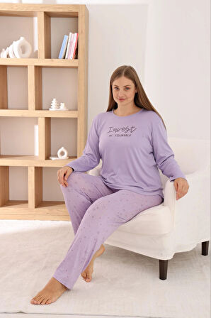 Pijamoni Kadın Büyük Beden Milan Kumaş Bisiklet Yaka Lila Pijama Takımı
