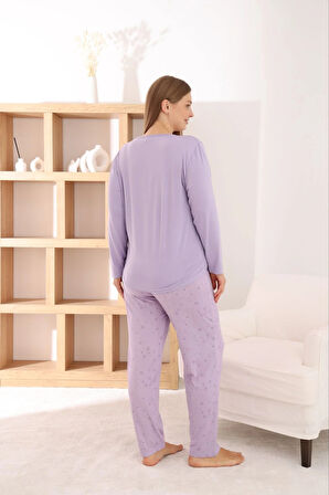 Pijamoni Kadın Büyük Beden Milan Kumaş Bisiklet Yaka Lila Pijama Takımı
