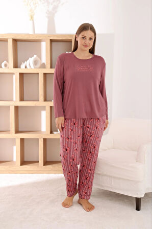 Pijamoni Kadın Büyük Beden Milan Kumaş Bisiklet Yaka Gül Kurusu Pijama Takımı
