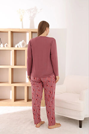 Pijamoni Kadın Büyük Beden Milan Kumaş Bisiklet Yaka Gül Kurusu Pijama Takımı