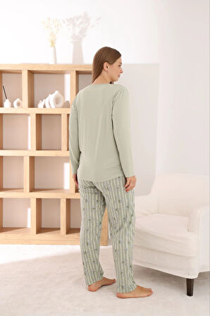 Pijamoni Kadın Büyük Beden Milan Kumaş Bisiklet Yaka Fıstık Yeşili Pijama Takımı