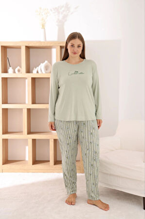 Pijamoni Kadın Büyük Beden Milan Kumaş Bisiklet Yaka Fıstık Yeşili Pijama Takımı