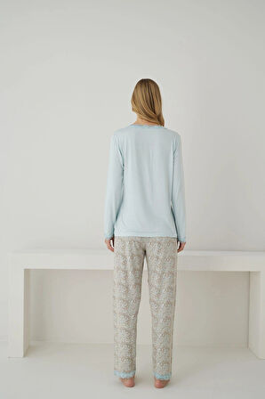 Pijamoni Kadın Önden Düğmeli Dantel Yaka Ring Viskon Su Yeşili Pijama Takımı