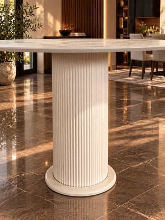 IMOBSAN Traverten Desenli Yuvarlak Masa 90x80 cm – %100 MDF Vizon Bej Ayaklı