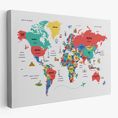 Harita Sepeti Türkçe Dünya Haritası Dekoratif Kanvas Tablo Ülke-Başkentli Öğretici ve Sembollü 2314