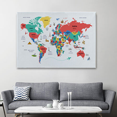 Harita Sepeti Türkçe Dünya Haritası Dekoratif Kanvas Tablo Ülke-Başkentli Öğretici ve Sembollü 2314