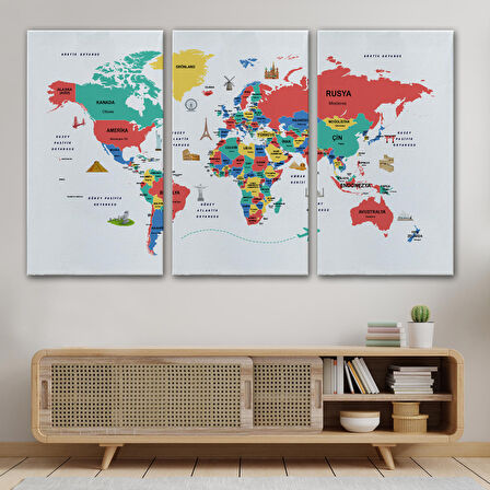 Harita Sepeti Türkçe Dünya Haritası Dekoratif Kanvas Tablo Ülke-Başkentli Öğretici ve Sembollü 2314