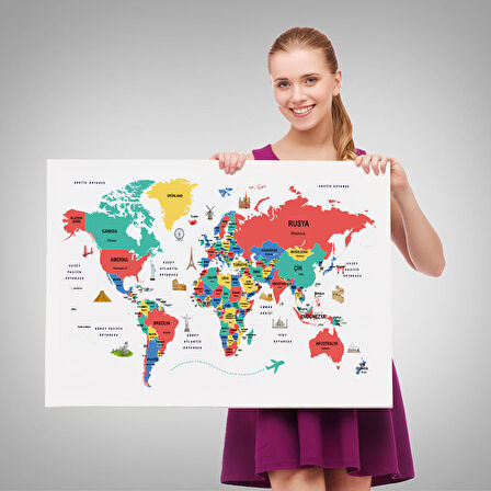 Harita Sepeti Türkçe Dünya Haritası Dekoratif Kanvas Tablo Ülke-Başkentli Öğretici ve Sembollü 2314