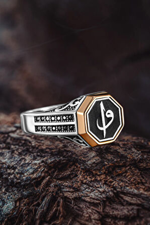 Erkek Gümüş Yüzük - Zirkon Taşlı Vav Elif İşlemeli Erkek Yüzük