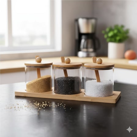 Bambu Standlı 3'lü Cam Baharatlık, Borasilikat, Baharat Seti - Şık ve Fonksiyonel Bambu Standlı - Mutfakta Düzeni ve Lezzeti Bir Arada Yaşayın!