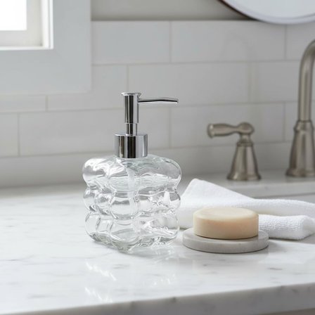 Beyaz Bubble Design Cam Sıvı Sabunluk - 450 ml Kabartmalı Şık Banyo ve Mutfak Sabunluğu (7x12 cm) (5066 - ŞEFFAF)