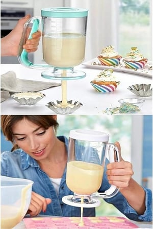 Hamur Porsiyonlayıcı 900ml, Pankek ve Kek Hamuru Dağıtıcı, Damlatmaz Mekanizma, Ölçekli Şeffaf Gövde, Bulaşık Makinesinde Yıkanabilir