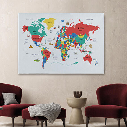 Harita Sepeti Dünya Haritası Dekoratif Kanvas Tablo Ülke ve Başkentli Öğretici ve Sembollü 2315