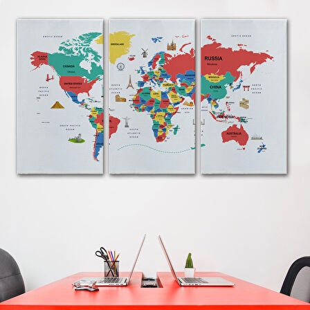 Harita Sepeti Dünya Haritası Dekoratif Kanvas Tablo Ülke ve Başkentli Öğretici ve Sembollü 2315