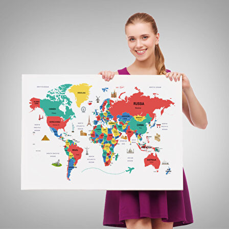 Harita Sepeti Dünya Haritası Dekoratif Kanvas Tablo Ülke ve Başkentli Öğretici ve Sembollü 2315