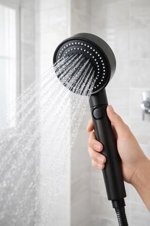 Siyah Pervaneli Turbo Duş Başlığı, 5 Akış Modlu Aç Kapa Kontrollü Yüksek Basınçlı Su Tasarruflu Masaj Etkili Modern Banyo El Duşu Standart Hortum Uyumlu