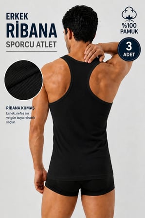 Erkek Sporcu Ribana Atlet %100 Pamuk (Seher Yetkili Satıcısı) 3 Adet Pamuklu Esnek Rahat – Siyah