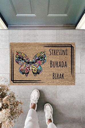 Dormot Home Modern Dijital Baskı - Çerçeveli Stresini Burada Bırak Kelebek 70x45cm Kapı Önü Paspası