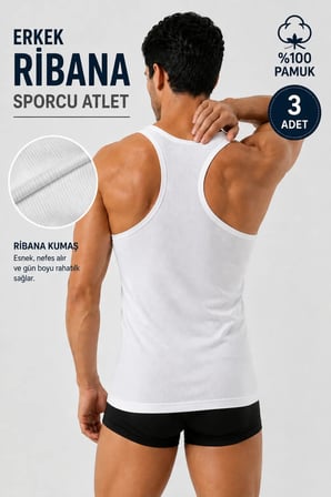 Erkek Sporcu Ribana Atlet %100 Pamuk (Seher Yetkili Satıcısı) 3 Adet Pamuklu Esnek Rahat – Siyah