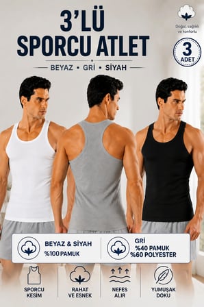 Erkek Sporcu Ribana Atlet 3’lü Paket (Seher Yetkili Satıcısı) - Beyaz(%100 Pamuk) Siyah(%100 Pamuk) Gri(%40 Pamuk &60 Polyester)