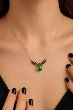 925 Ayar Gümüş Rose Altın Kaplamalı Renkli Hematit Taşlı Açık Yeşil Kristal Kolye - 23168903