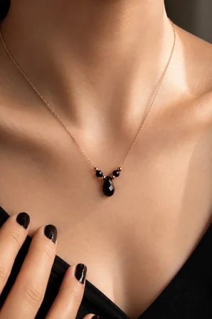 925 Ayar Gümüş Rose Altın Kaplamalı Siyah Kristal Taşlı Toplu Kolye - N169501