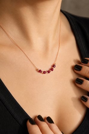 925 Ayar Gümüş Rose Altın Kaplamalı Kırmızı Kristal Taşlı Toplu Kolye - 23169902