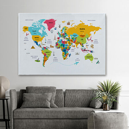 Harita Sepeti Türkçe Dünya Haritası Dekoratif Kanvas Tablo Ülke-Başkentli Öğretici ve Sembollü 2316