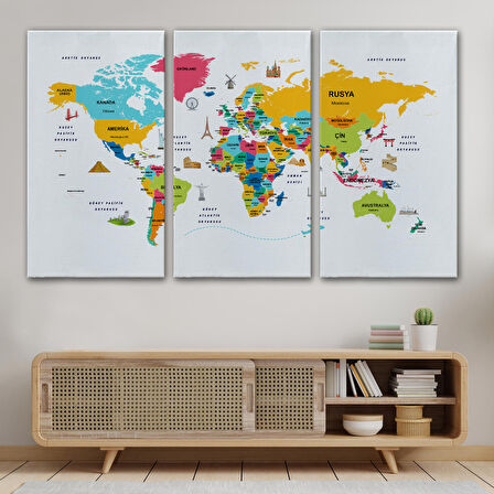 Harita Sepeti Türkçe Dünya Haritası Dekoratif Kanvas Tablo Ülke-Başkentli Öğretici ve Sembollü 2316