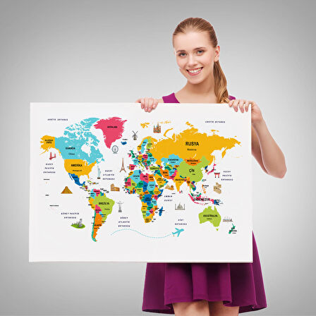 Harita Sepeti Türkçe Dünya Haritası Dekoratif Kanvas Tablo Ülke-Başkentli Öğretici ve Sembollü 2316