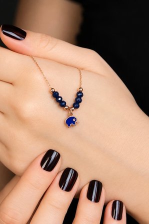 925 Ayar Gümüş Rose Altın Kaplamalı Lacivert Kristal Taşlı Fil Kolye - N171301