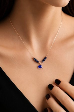 925 Ayar Gümüş Rose Altın Kaplamalı Lacivert Kristal Taşlı Fil Kolye - N171301