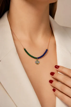 925 Ayar Gümüş Rose Altın Kaplamalı Kristal Taşlı Gümüş Dört Yapraklı Yonca Figürlü Kolye - N171801