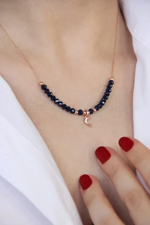 925 Ayar Gümüş Rose Altın Kaplamalı Zincirli Lacivert Kristal Taşlı Yunus Figürlü Kolye - N172001