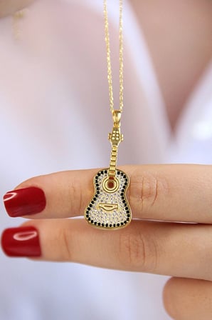 18k Altın Kaplamalı 925 Ayar Gümüş Gitar Kolye - 23174002