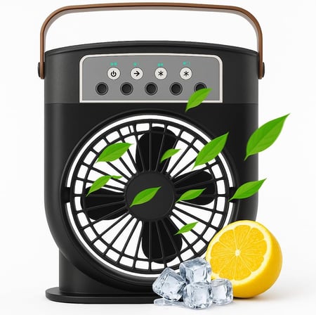 Şarjlı Mini Buharlı Hava Soğutucu, Taşınabilir Portatif Mobil Sulu Klima, 3 Rüzgar Hızı, 3 Sis Modu, Buzlu Vantilatör 5 Sprey Delikli ile LED Işıklı 26cm x 20cm - CRV-002 (CRV-002 - Siyah)