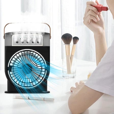 Şarjlı Mini Buharlı Hava Soğutucu, Taşınabilir Portatif Mobil Sulu Klima, 3 Rüzgar Hızı, 3 Sis Modu, Buzlu Vantilatör 5 Sprey Delikli ile LED Işıklı 26cm x 20cm - CRV-002 (CRV-002 - Siyah)