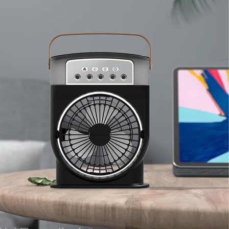 Şarjlı Mini Buharlı Hava Soğutucu, Taşınabilir Portatif Mobil Sulu Klima, 3 Rüzgar Hızı, 3 Sis Modu, Buzlu Vantilatör 5 Sprey Delikli ile LED Işıklı 26cm x 20cm - CRV-002 (CRV-002 - Siyah)