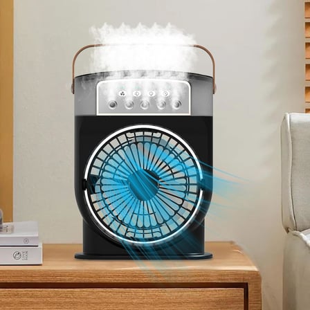 Şarjlı Mini Buharlı Hava Soğutucu, Taşınabilir Portatif Mobil Sulu Klima, 3 Rüzgar Hızı, 3 Sis Modu, Buzlu Vantilatör 5 Sprey Delikli ile LED Işıklı 26cm x 20cm - CRV-002 (CRV-002 - Siyah)