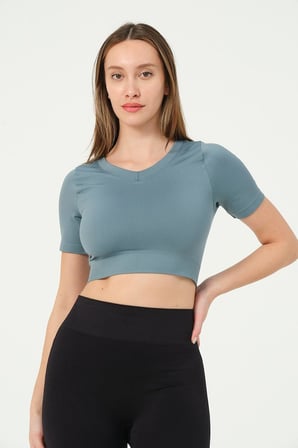 FOREVER MORE Kadın V Yaka Kısa Kollu Dikişsiz Esnek T-shirt Crop Top turkuaz-XS
