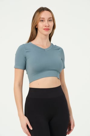 FOREVER MORE Kadın V Yaka Kısa Kollu Dikişsiz Esnek T-shirt Crop Top turkuaz-XS