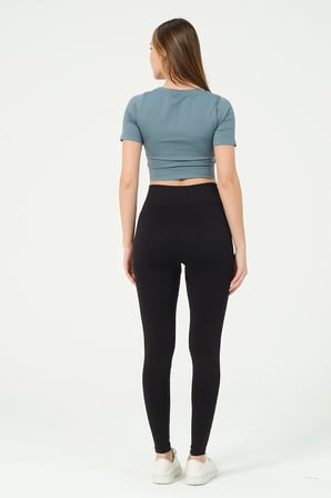 FOREVER MORE Kadın V Yaka Kısa Kollu Dikişsiz Esnek T-shirt Crop Top turkuaz-XS