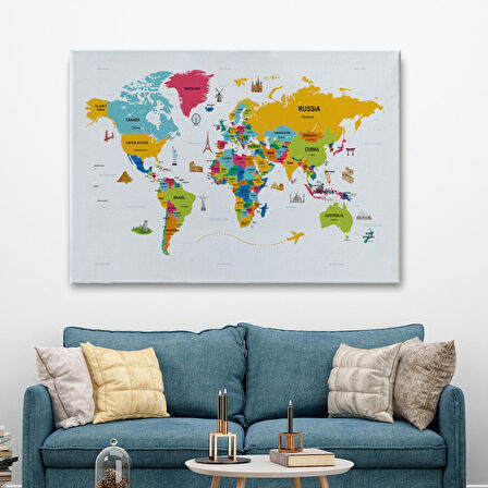 Harita Sepeti Dünya Haritası Dekoratif Kanvas Tablo Ülke ve Başkentli Öğretici ve Sembollü 2317