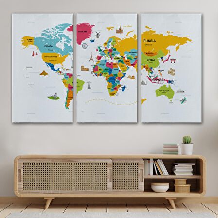 Harita Sepeti Dünya Haritası Dekoratif Kanvas Tablo Ülke ve Başkentli Öğretici ve Sembollü 2317