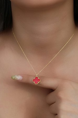 14K Altın Kaplamalı 925 Ayar Gümüş Granada Saray Yoncası Kolye - Kırmızı 231829001
